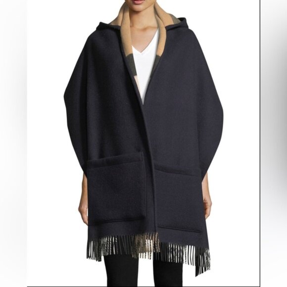 BURBERRY BLACK TO CHECK REVERSIBLE HOODED CAPE PONCHO LARGE SCARF WITH P… - Picture 2 of 12